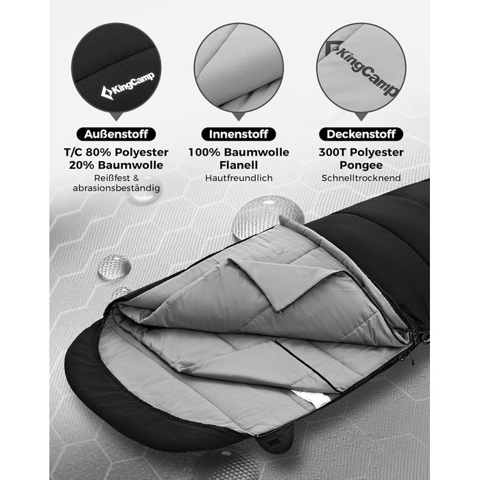 Пуховий спальний мішок KingCamp для дорослих, теплий легкий зимовий спальний мішок від 4C до -20C, 100 бавовняна тканина, 4-сезонний спальний мішок, підходить для кемпінгу та походів, 220x80 см, комфорт 1C / гранична температура -5C / екстремальна темпера