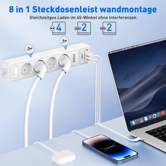 Мережевий фільтр 8 n 1 розетка з USB, 3680 Вт з вимикачем, захист від перенапруги 16А, багатоконтактна вилка з 2 розетками USB C д