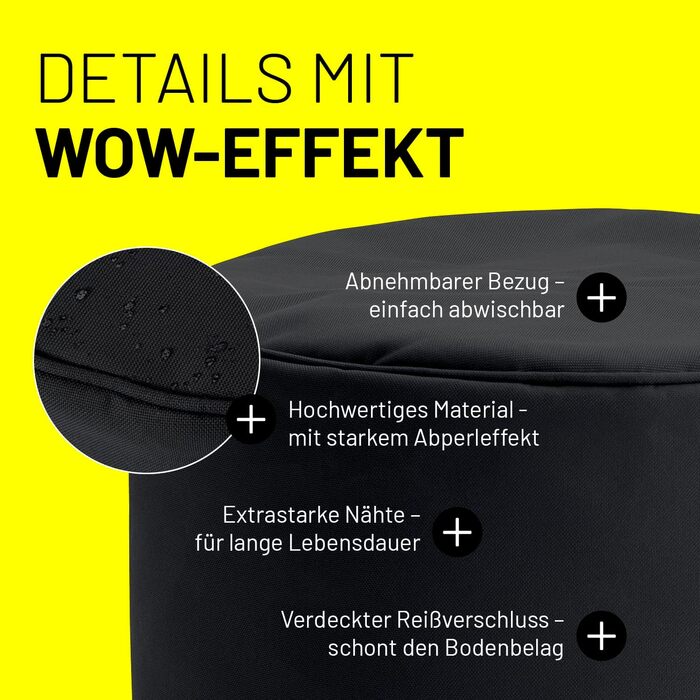 Пуф-мішок Lumaland (50 л) Компактний крісло-мішок з функцією 3-в-1 зручний стілець, практичний бічний столик та стильна підставка для ніг для використання в приміщенні та на вулиці З гнучким наповнювачем з пінополістиролу Ø 25 x 45 см Чорний