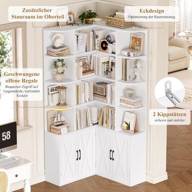 Кутова книжкова шафа FirFurd 187 см з дверцятами, 12 відділень, L-подібна дерев&39яна вітрина, висока шафа, полиця з дверцятами для вітальні, кабінету, офісу, кухні, 187 x 80 x 80 см, білий