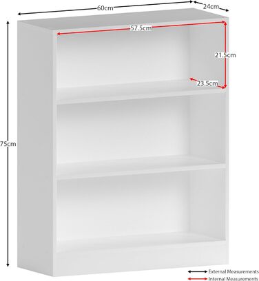 Низька книжкова шафа Vida Designs Cambridge, 3-ярусна, сучасна, компактна, для вітальні, спальні або офісу, окремостояча, В75xШ60xГ24 см (біла) Біла низька (3 полиці)