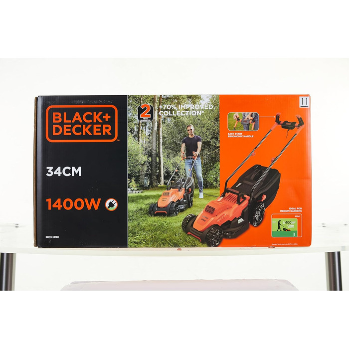 Електрична газонокосарка BlackDecker з ручкою BEMW461BH (1400 Вт, ширина зрізу 34 см, 6-позиційне регулювання висоти, травозбірник на 40 л, ідеально підходить для садів середнього розміру)