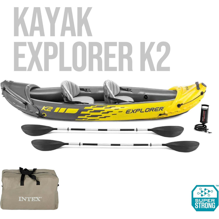 Надувний каяк Intex Explorer K2, комплект для 2 осіб з алюмінієвими веслами та потужним повітряним насосом, 2 особи, одноколірний