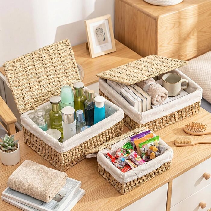 Набір із 3 кошиків для зберігання з кришками плетені кошики з паперової мотузки з металевим каркасом та підкладкою, 3 розміри, місце для зберігання речей у стилі бохо для ванної кімнати, пеленальний столик, органайзер та декор