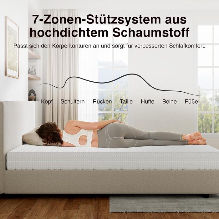 Матрац Novilla H3/H4 7-зонний матрац з холодної піни 140x200 Різні розміри та висота Дихаючий чохол, який можна прати при 60C Сертифіковано Oeko-Tex та CertiPUR-US Згортається матрац 18 см x 18 см 140 x 200 см