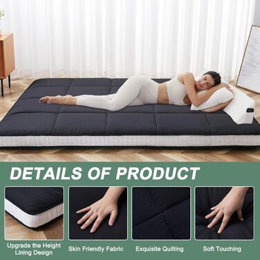 Матрац футон 140 x 200 см, розкладний матрац, товщина 10 см, японський матрац на підлозі, розкладний матрац, дихаючий лежак на підлозі, гостьове ліжко для кемпінгу, диван (чорний, повний матрац), чорний 140 x 200 см
