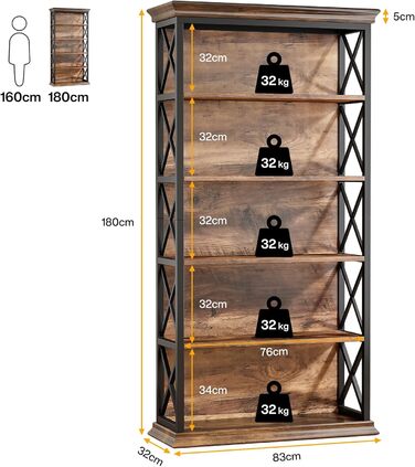 Книжкова полиця Tribesigns, висота 180 см, окремостояча полиця, 6-ярусна дерев&39яна книжкова полиця, відкрита полиця з металевим каркасом для вітальні, домашнього офісу, промисловий дизайн, вінтажний коричневий, чорний