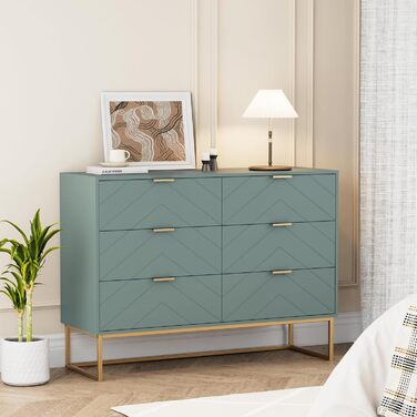 Комод UEV з 6 шухлядами, дерев&39яна шафа з механізмом проти перекидання та металевими ніжками, висока тумба/сервант, вузька комод/бічна шафа для вітальні, спальні, коридору, 100x34x73,5 см, зелений, 34 Г x 100 Ш x 73,5 В см (6 шухляд)