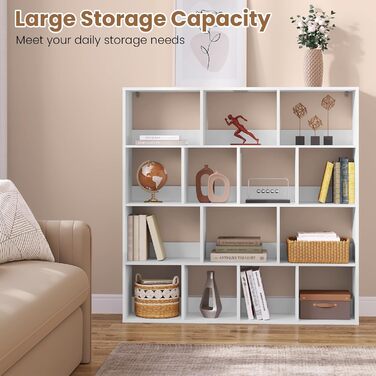 Книжкова полиця eSituro, окремостояча полиця з 14 відділеннями, кубічна полиця, полиця для зберігання, офісна полиця, відкрита полиця для вітальні, кабінету, офісу, компактна, 120x120x30 см, білий