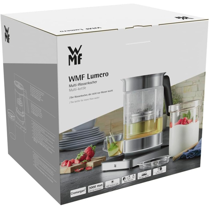 Мультичайник WMF Lumero 3в1 (1,6 л) зі скляним корпусом та підсвіткою електрочайник, підігрівач дитячого харчування та йогуртниця, регулювання температури, матова нержавіюча сталь