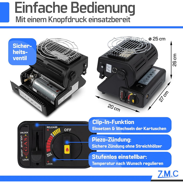 Портативний газовий обігрівач та газова плита ZMC 2-в-1 з підключенням для зрідженого газу, кемпінговий обігрівач 1,3 кВт