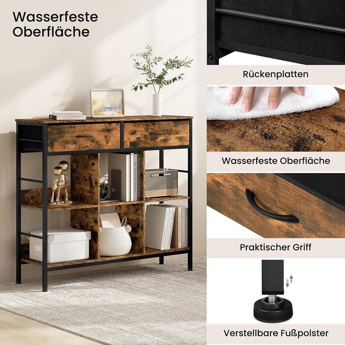 Полиця, книжкова шафа з 2 шухлядами, 6 відкритих відділень, окремостояча полиця з металевим каркасом, полиця для зберігання, для вітальні, кабінету, спальні, рустикальний коричневий, чорний вінтажний коричневий