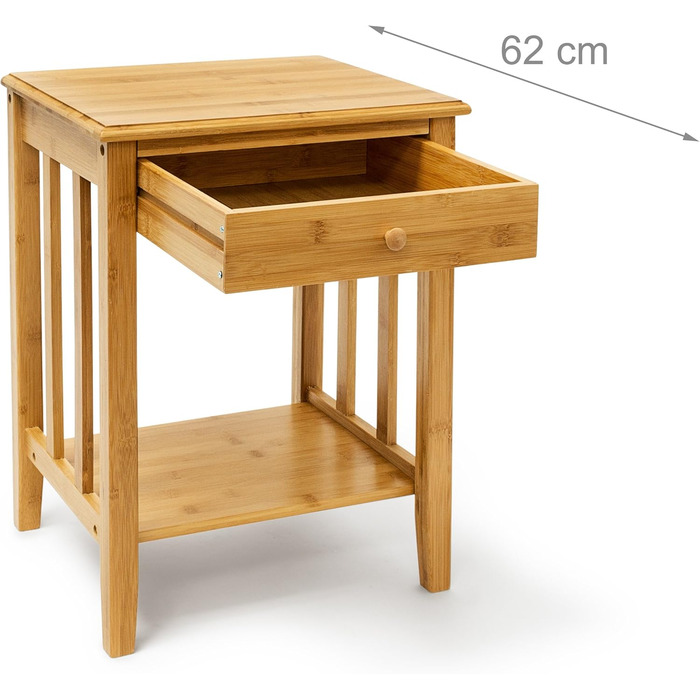 Приліжковий столик Relaxdays з бамбука з шухлядою В x Ш x Г приблизно 51,5 x 40,5 x 30,5 см. Приліжковий столик з міцної деревини, вузька тумбочка з шухлядою, невеликий столик з 2 полицями, натуральний колір, одинарний.