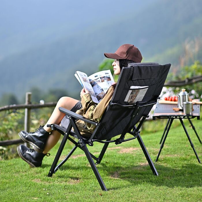 Складаний кемпінговий стілець, висока спинка, регульована спинка в 4 положеннях, до 150 кг, садовий стілець з тримачем для напоїв та бічною кишенею, рибальський стілець, вуличний стілець для кемпінгу, саду, балкону (чорний)