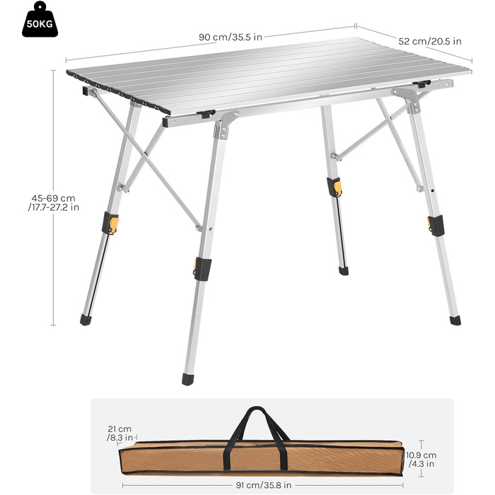 Стіл для кемпінгу WOLTU, розкладний стіл з алюмінію, садовий стіл, балконний стіл, дорожній стіл, складаний, з сумкою для перенесення, регульована висота, 90x52,2x(45-69) см, сріблястий
