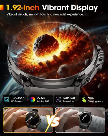 Чоловічий військовий смарт-годинник з великим HD-дисплеєм 1,92 дюйма, акумулятором 1000 мАг, фітнес-годинник з понад 120 спортивними режимами, водонепроникністю 5 атм, функцією телефону, пульсометром, монітором сну, спортивним годинником для iOS та Androi