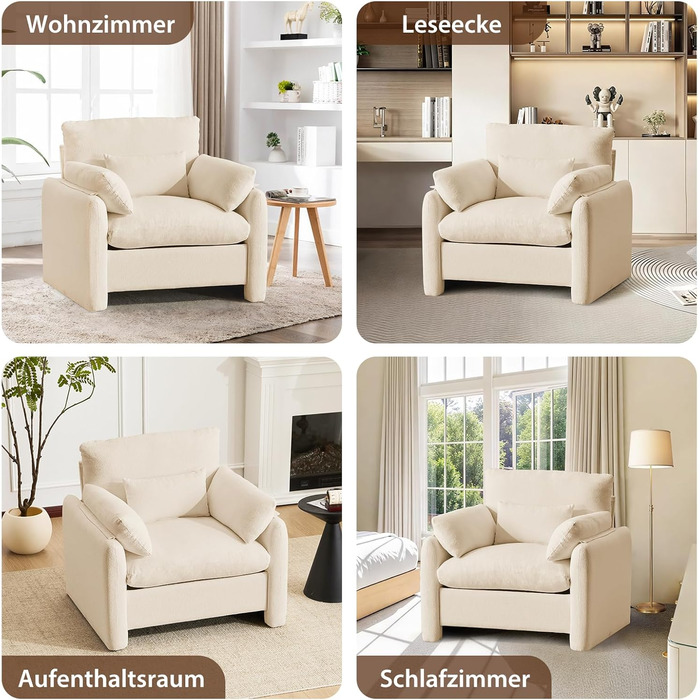 Надзвичайно велике крісло з відкидною спинкою для вітальні, м&39яке крісло для телевізора 93,5 см, одномісний диван зі знімним підлокітником та декоративною подушкою, одномісний диван/крісло для читання для вітальні/спальні, бежевий одномісний диван