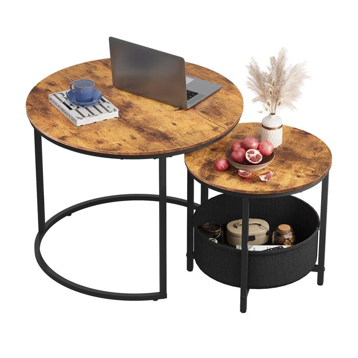 Набір журнальних столиків WLIVE з 2 шт. , круглі приставні столики з місцем для зберігання, дерев&39яний стіл для вітальні з металевим каркасом, диван-столик для вітальні та спальні, рустикальний коричневий