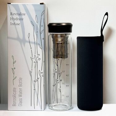 Скляна пляшка для пиття об&39ємом 650 мл з чорною кришкою з нержавіючої сталі та рукавом для розсипного чаю, пляшка для чаю з заварювальним контейнером на винос