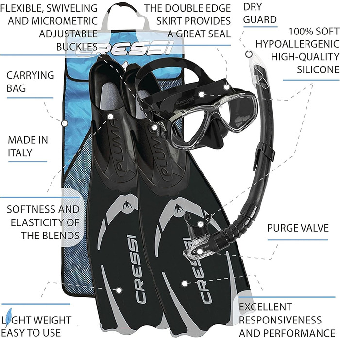 Сумка Cressi Pluma - комплект ласт, маски та трубки, для дайвінгу та фрідайвінгу, чорна, унісекс, розмір для дорослих 45/46