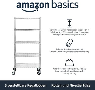 Стелаж Storeo Basics на 5 полиць, середній, на колесах (10,2 см) з регульованими по висоті полицями та ніжками, макс. навантаження 680 кг, хром, 35.6 x 76.2 x 164.5 см