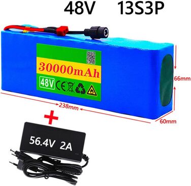 Літій-іонний акумулятор для електровелосипеда 48V 30Ah Акумуляторний блок 13S3P, вбудований BMS, ПВХ акумулятор із зарядним пристроєм BMS XT60/T штекер T-подібний штекер 48V 36Ah