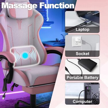 Ігрове крісло HENGMEI Ергономічне комп&39ютерне крісло Масажне ігрове крісло Офісне крісло Поворотне крісло з масажною поперековою подушкою, підставкою для ніг, м&39якими підлокітниками Підголівник Настільне ігрове крісло, рожеве - шорстка поверхня