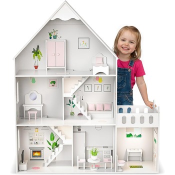 Дерев&39яний ляльковий будиночок Барбі, великий 118 см Kinderplay 3-поверховий ляльковий будиночок для дітей з меблями, світлодіодними лампами, наклейками та аксесуарами сучасний дерев&39яний ігровий будиночок, подарунок для дітей віком від 3 років, білий