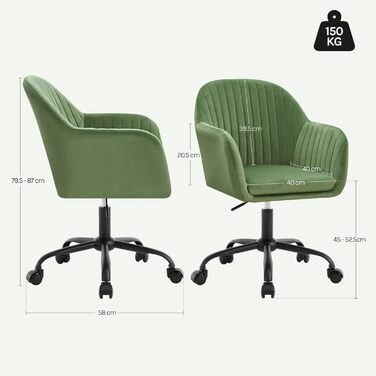 Офісне крісло WOLTU, ергономічне офісне крісло, крісло для домашнього офісу з регульованою висотою, туалетне крісло з підлокітниками, обертове крісло з колесами, оксамитове крісло з металевим каркасом, вантажопідйомність 150 кг, зелене