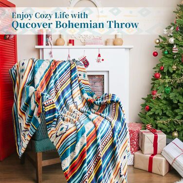 М&39яка ковдра Qucover 150x200, плед у стилі бохо з різнокольоровими смужками, м&39який, теплий вовняний плед, пухнастий плед для дивана для подорожей, кемпінгу та використання на свіжому повітрі. Висока щільність тканини 260 г/м, 150x200 см