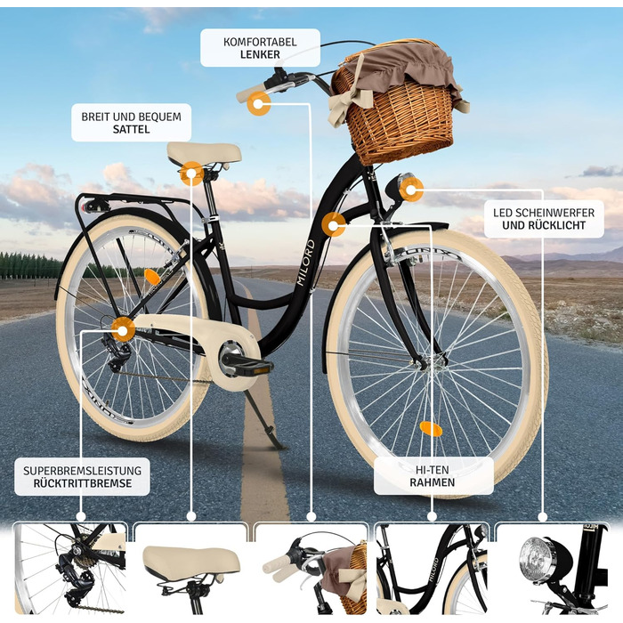 Жіночий міський велосипед MILORD Comfort з плетеним кошиком, вінтажний, голландський, 26, 28 дюймів, 7 швидкостей, чорно-кремовий, 28 дюймів