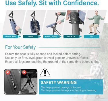 Стілець TA-Da серії 2 PRO - Тростина з сидінням, легка алюмінієва рама та міцний складний стілець (до 136 кг), складна конструкція, ідеально підходить для походів та активного відпочинку, регульована висота, чорний