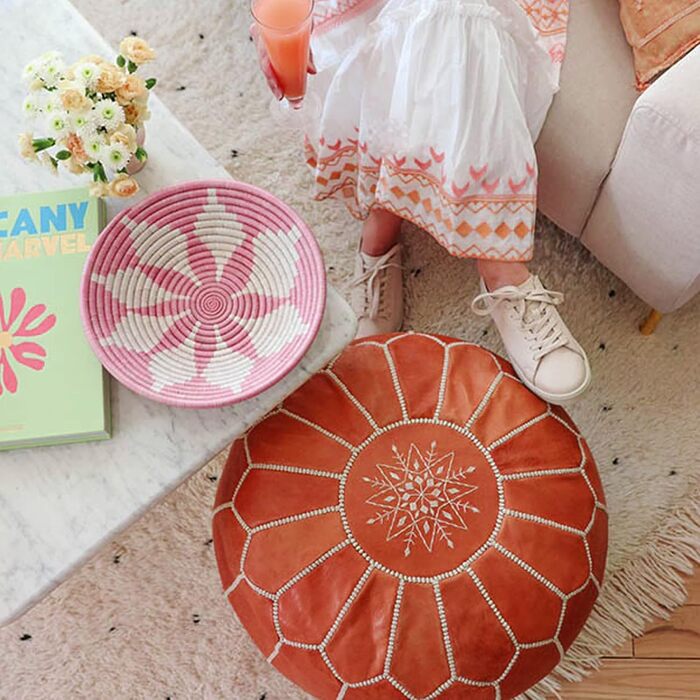 Марокканська подушка для підлоги з натуральної шкіри - Верблюжий вінтаж - Наповнена - Міцна шкіра, ручної роботи, східний пуф-мішок, пуф-підставка, світло-коричневий (верблюжий вінтаж)