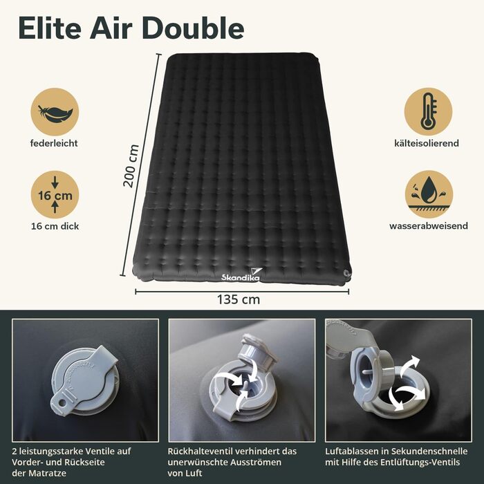 Каримет Skandika Elite/Exclusive Air для одного/двох осіб Надувний матрац, невеликий розмір у пачці, високопродуктивний клапан, килимок для сну на вулиці, надлегкий, надзвичайно товстий, сумка для перенесення для кемпінгу та походів, антрацит (двоспальний