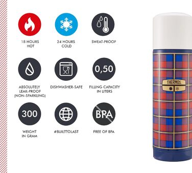 Пляшка для напоїв THERMOS REVIVAL 0,50 л, ретро-синій колір, термос з нержавіючої сталі, червона ізольована пляшка з чашкою для пиття, зберігає напої гарячими 18 годин / холодними 24 години, можна мити в посудомийній машині, герметична, без BPA, синій кол