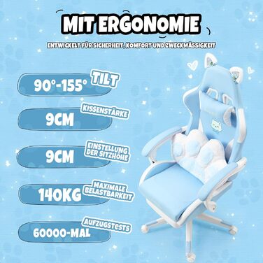 Миле ігрове крісло з поперековою подушкою у формі котячої лапи та котячими вушками, ергономічне ігрове крісло з підставкою для ніг, регульоване ігрове крісло для ПК для дівчаток, підлітків, дітей, синього кольору