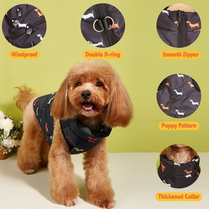 Пальто для собак, зимова куртка для собак, тепле пальто для маленьких собак, вітрозахисний жилет для собак з отвором для шлейки, злегка водонепроникний, різдвяна куртка для чихуахуа та такс, чорна, MM Black