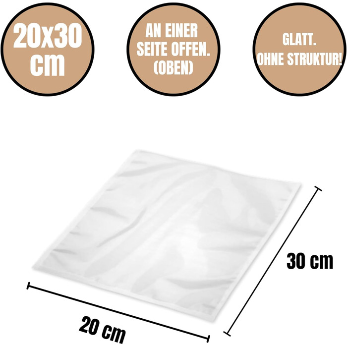 Вакуумні пакети Вакуумні пакети 20х30 см Глатт 100 шт. Для камерних вакууматорів Їжа Пилосос PA/PE 20/70 90 мкм Вакуумна плівка для м'яса, ковбаси, сиру, фруктів, овочів, шнеків