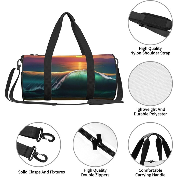 Спортивна сумка для подорожей, принт Захід сонця над морем, чорна, універсальний розмір, сумка на ніч