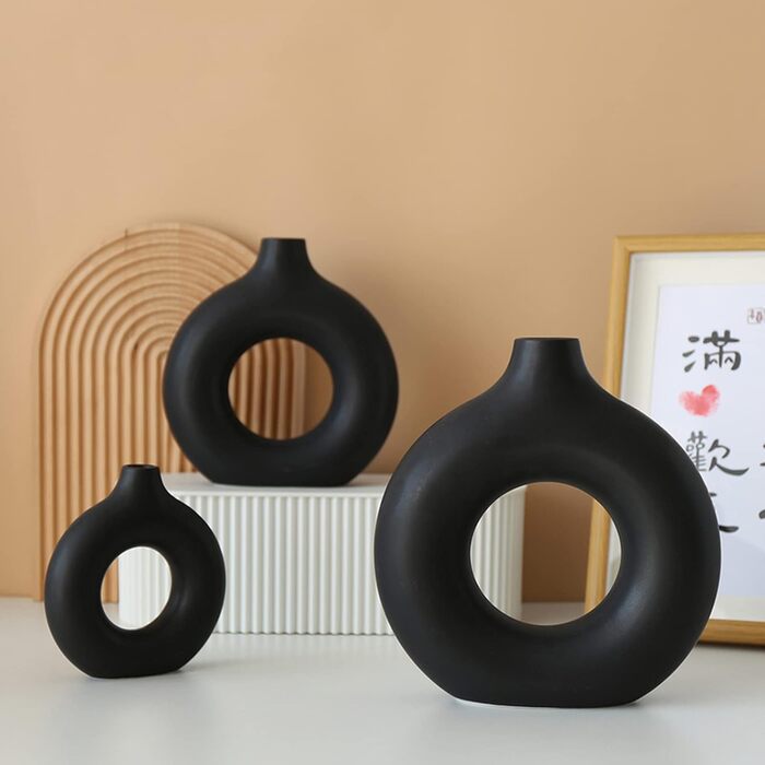 Ваза чорна матова, керамічна ваза для пончиків сучасна декоративна ваза, ваза кругла з отвором, вази ручної роботи для вітальні, с