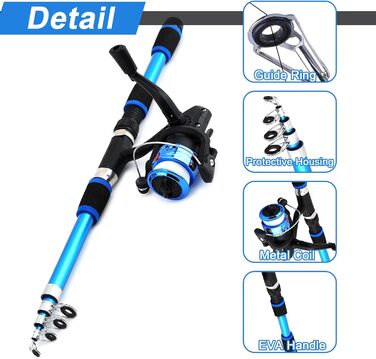 Рибальський набір для дітей, дитячий стартовий набір для риболовлі 1,8 м, набір вудок для дітей з рибальською котушкою та набором приманок, телескопічні вудки та котушка з вуглецевого волокна, рибальські аксесуари для дітей віком 3-10 років, синій