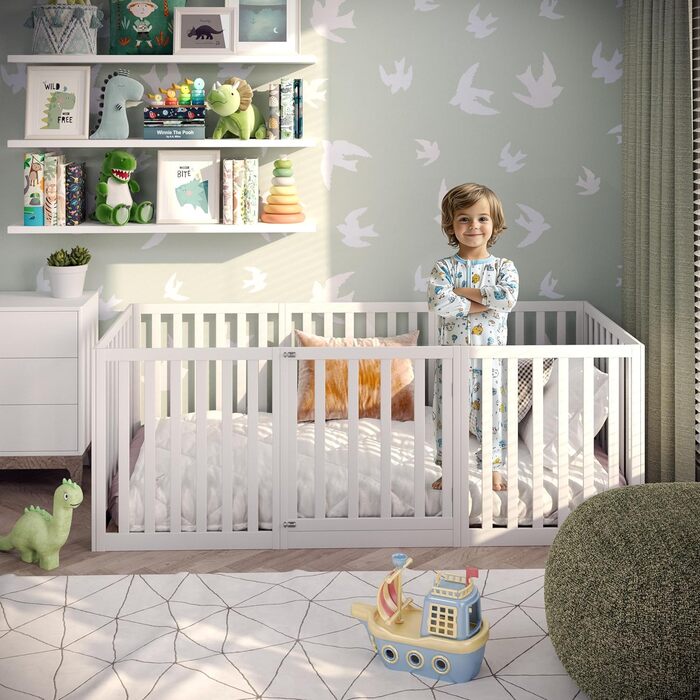 Дитяче ліжко CADANI Teso 90x200 см Ліжко-ліжко Монтессорі з дверцятами та захистом від падіння, 6 варіантів складання, масив сосни білого кольору, можна використовувати як манеж, вкл. рейкову основу 90 x 200 см білого кольору з дверцятами