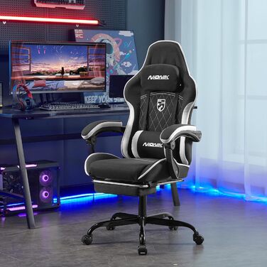 Ігрове крісло, гоночне ігрове крісло з підставкою для ніг, ергономічне ігрове крісло з підголівником, регульоване комп&39ютерне крісло, регульована висота, поперекова підтримка для домашнього офісу та ігор, чорний/білий Nk-bw