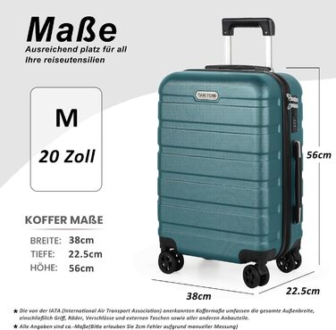 Ручна поклажа TANTOMI, 20-дюймова валіза з твердим корпусом, візок, легка валіза на колесах з ABS-пластику, дорожня валіза з 4 колесами, 3-значний кодовий замок (світло-темно-зелений, 41 л) Світло-темно-зелена ручна поклажа (M)