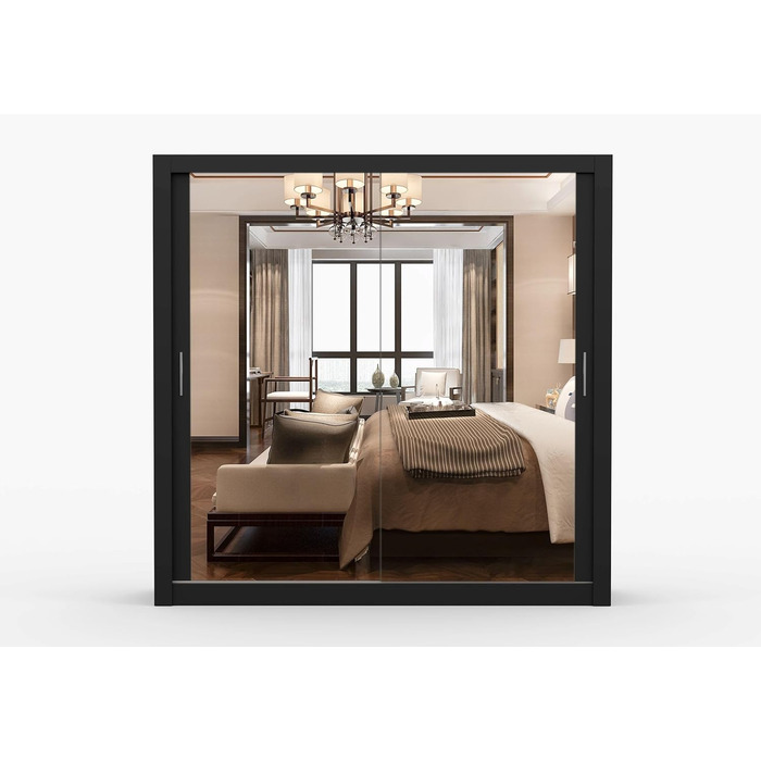 Шафа з дзеркалом - Шафа з розсувними дверима - Шафа для спальні - 64 x 203 x 215 см - Шафа для вітальні - Вішалка для одягу, Шафа з двома дверима, Сучасна 200 см Чорного кольору