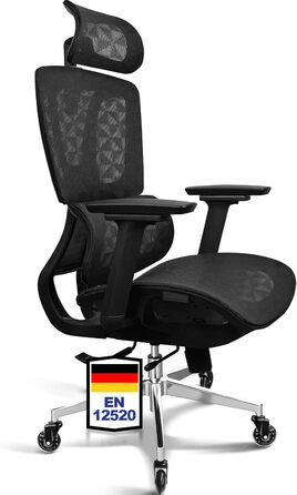 Ергономічне офісне крісло, 4D підлокітники, регульована глибина сидіння, 4 рівні нахилу, гумові ролики, вантажопідйомність 150 кг, сітчасте сидіння, висока спинка