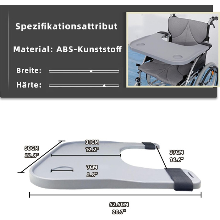 Лоток для інвалідного візка складний, лоток для столу для інвалідного візка знімний, лоток для інвалідного візка з двома пазами для чашок, для користувачів крісел колісних для читання, письма, роботи, 58 x 50,2 см, сріблясто-сірий