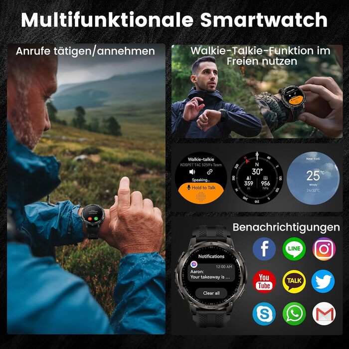 Розумний годинник KOSPET TANK T4C для чоловіків зі світлодіодним підсвічуванням, 1,5-дюймовим AMOLED-дисплеєм, дводіапазонним GPS та компасом, наддовгим часом автономної роботи, цілодобовим відстеженням серцевого ритму та сну, водонепроникністю до 50 м, д