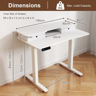 Письмовий стіл з регульованою висотою, електричний стіл для роботи стоячи з підставкою для монітора, 2 шухляди, 2 гачки, невеликий комп&39ютерний стіл з регульованою висотою від 73 до 122 см, для навчання та офісу (білий)
