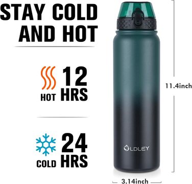 Пляшка для води OLDLEY з нержавіючої сталі з трубочкою 1 л, ізольована, з 3 кришками, велика термос 1 літр, герметична, зберігає тепло та холод, для спорту, тренажерного залу, кемпінгу, їзди на велосипеді (темно-зеленийчорний, 3 кришки) темно-зеленийчорни